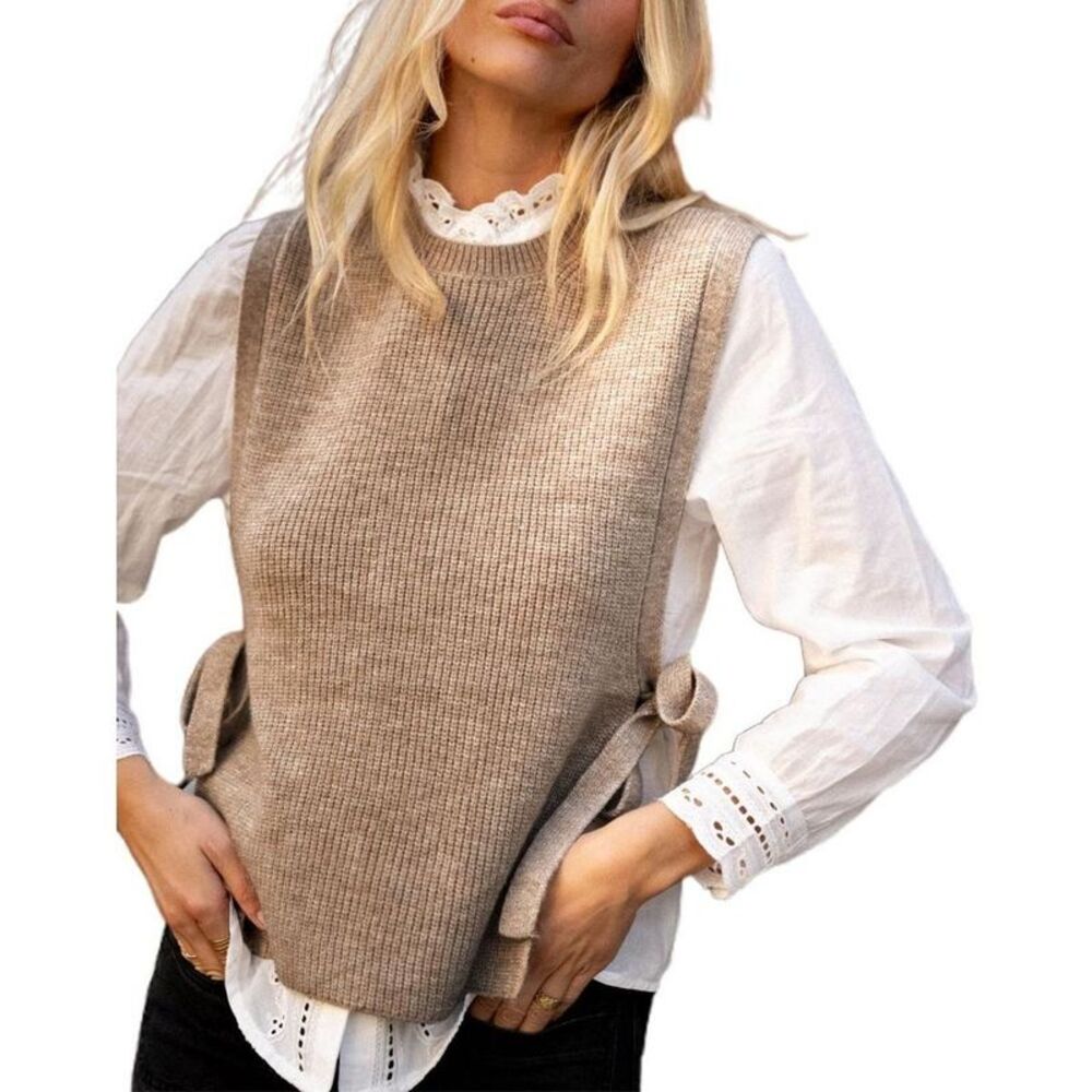 Women's Crew Neck Side Tie Rib Knit Sweater Vest Tank Top Khaki Small